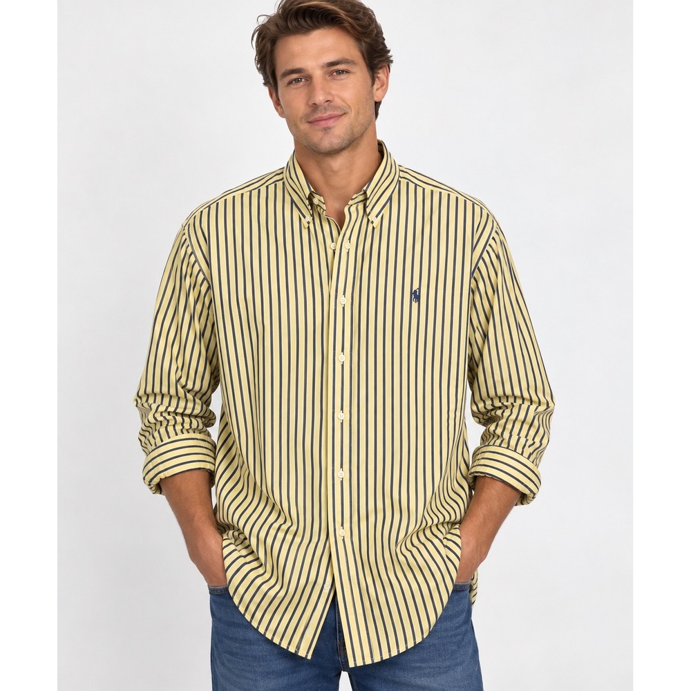 Ralph Lauren Mens 2XLT Tall Yellow Navy Blue Striped Cotton Button Down Shirt